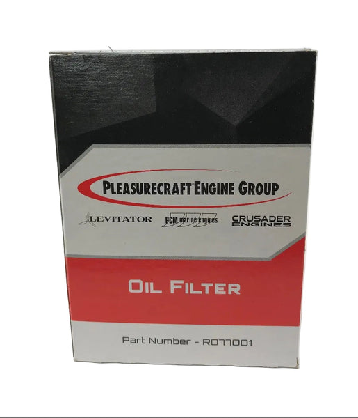 Pleasurecraft Engine Group oil filter box, part number RD71001, featuring a black, white, and red design.
