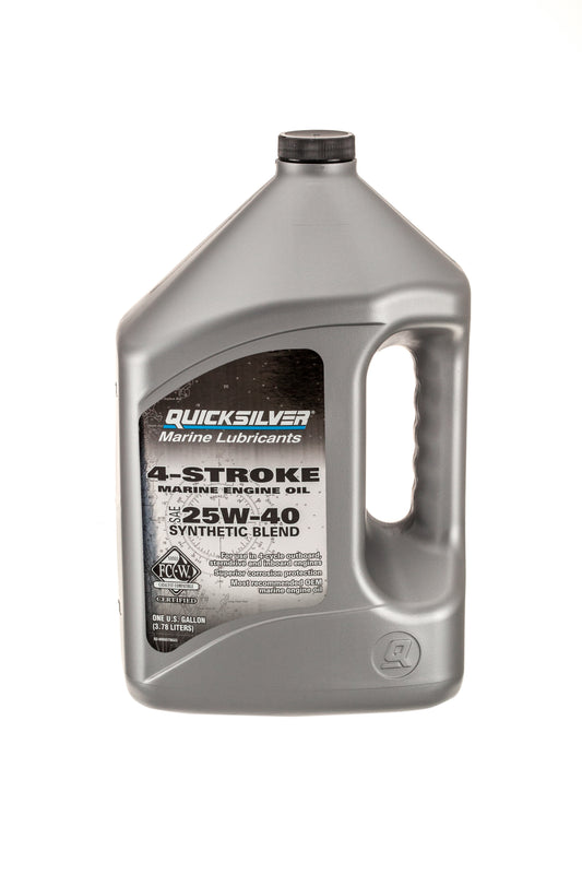 A gallon container of Quicksilver 25W-40 Synthetic Blend Marine Engine Oil.