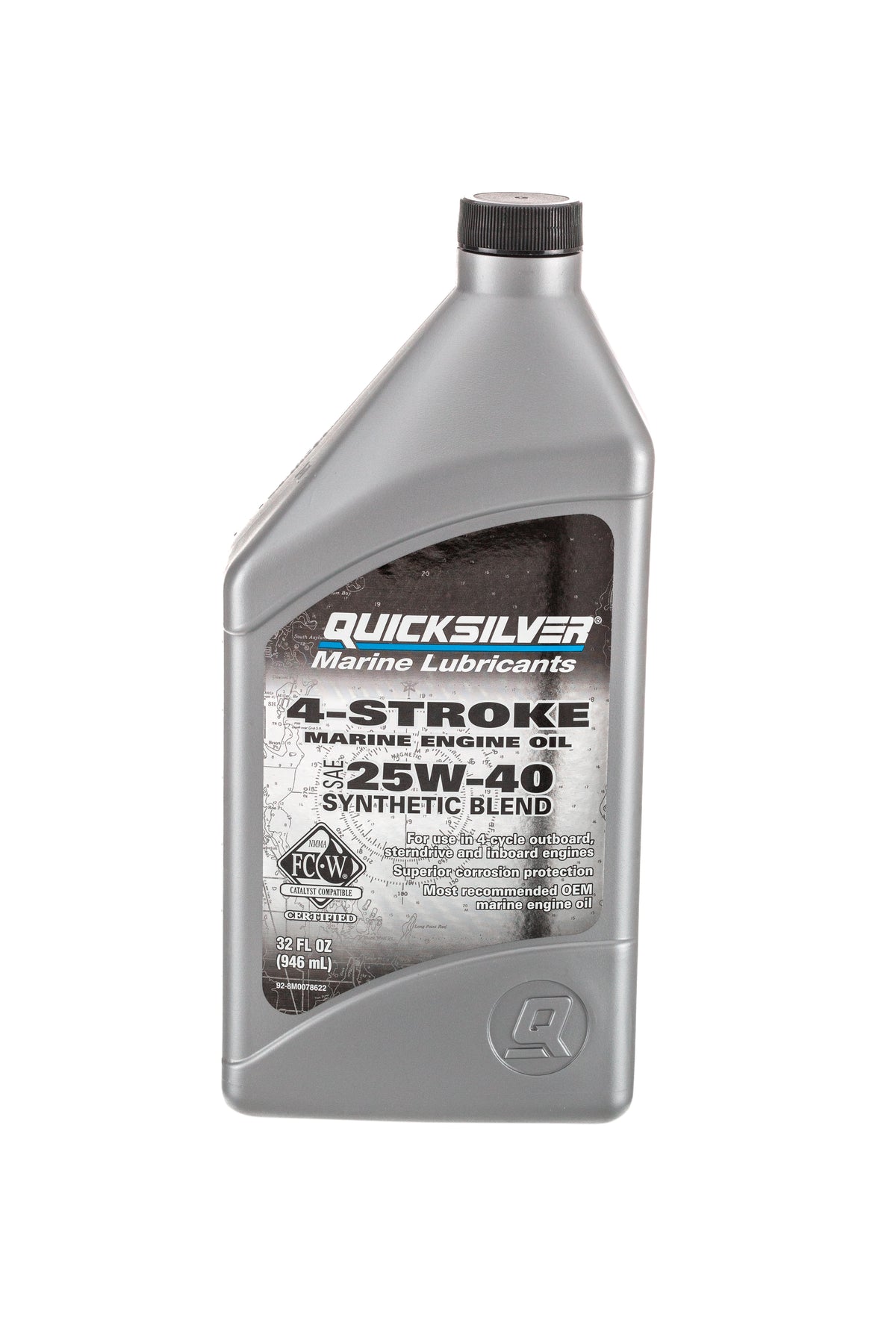 Quicksilver 25W-40 Synthetic Blend Marine Engine Oil in a quart-sized container.