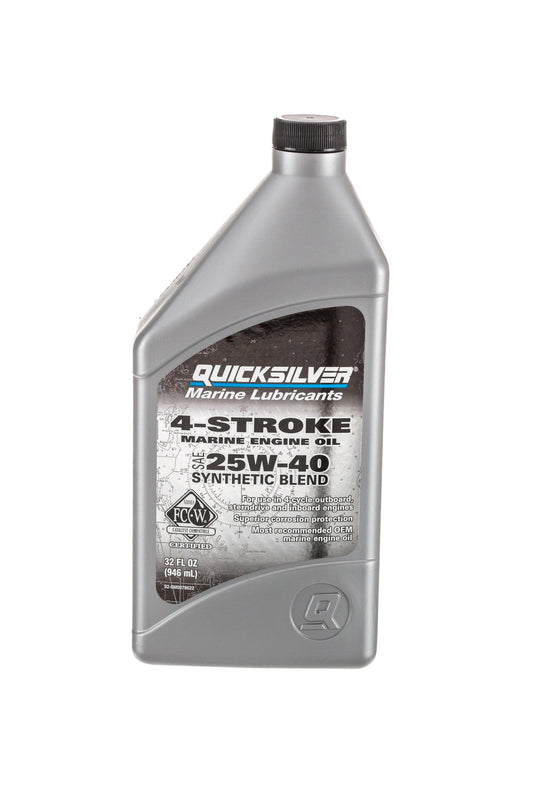 Quicksilver 25W-40 Synthetic Blend Marine Engine Oil in a quart-sized container.
