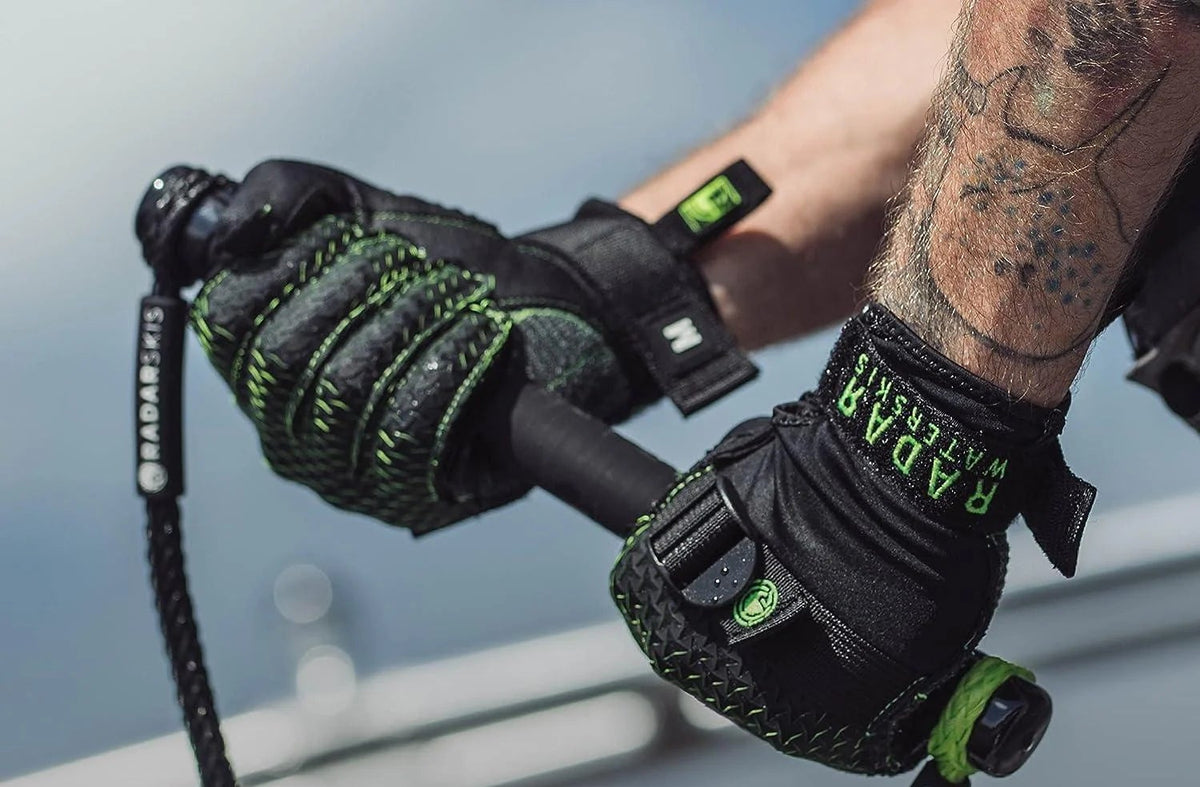 Slalom skier wearing Radar Hydro-K waterski gloves