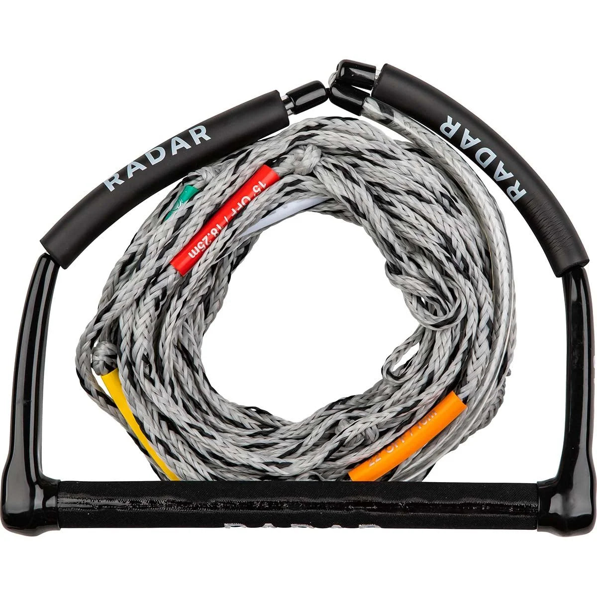 Radar Kneeboard Freeride 14-inch suede handle with 5-section rope in black and silver
