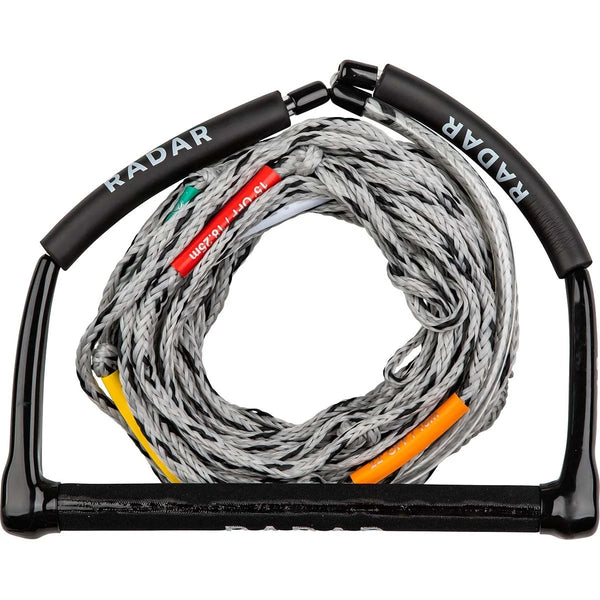 Radar Kneeboard Freeride 14-inch suede handle with 5-section rope in black and silver