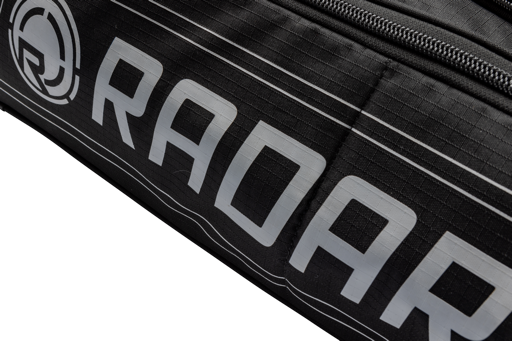 black logo of a Radar Team Padded Slalom Waterski Wheelie Bag rolling travel case