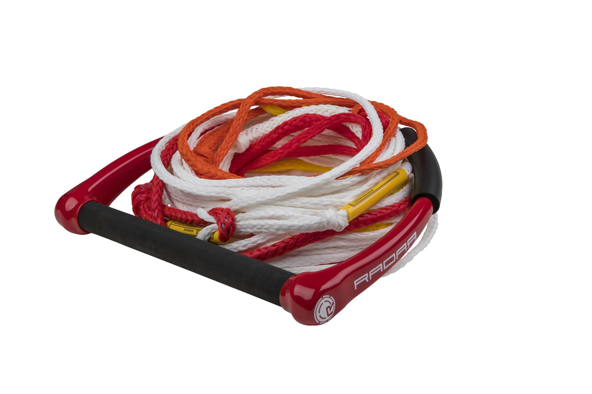 Radar Sure Grip 13-inch floating waterski handle with 5-section rope in red and white
