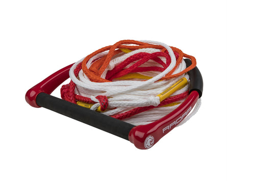 Radar Sure Grip 13-inch floating waterski handle with 5-section rope in red and white