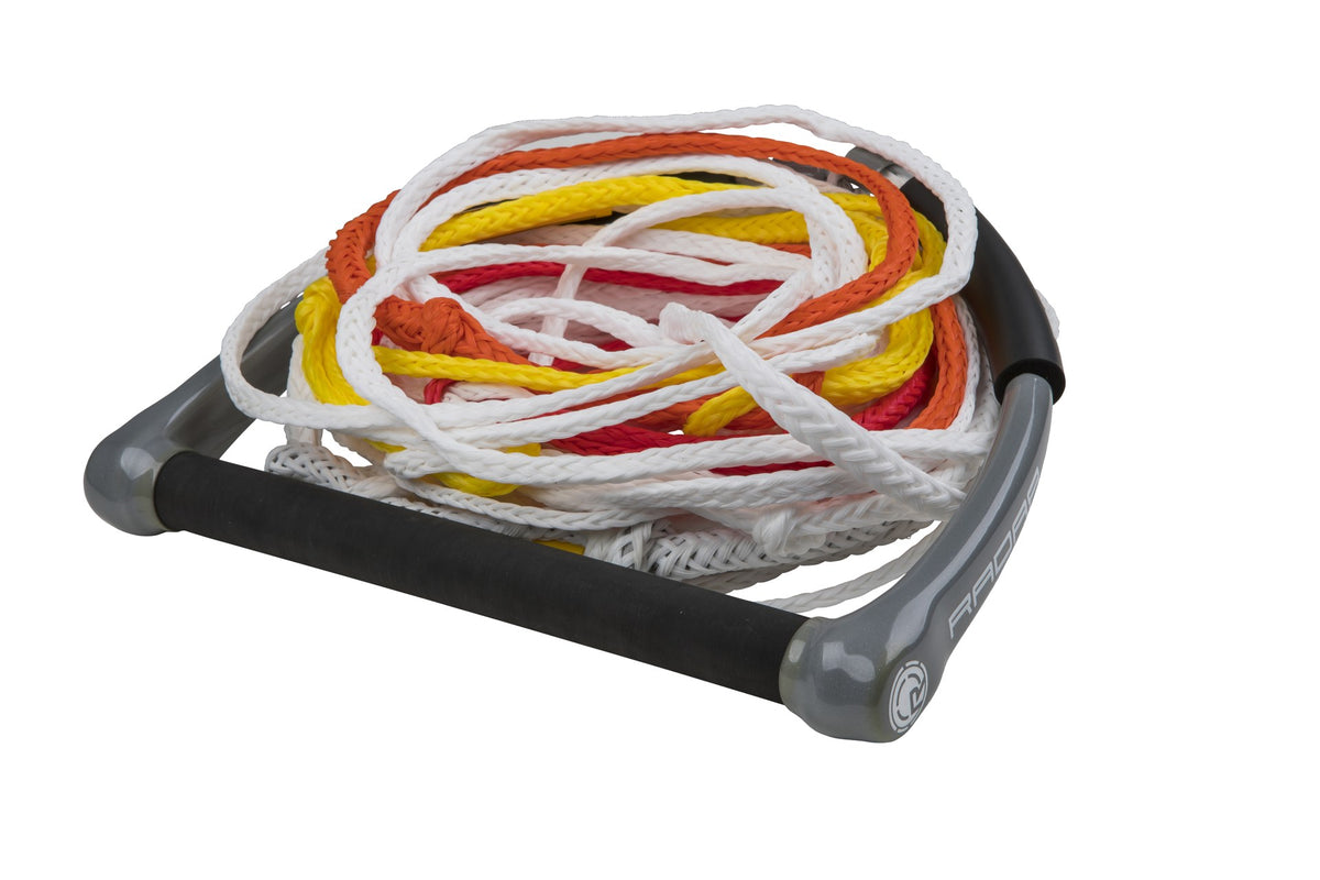 Radar Sure Grip 13-inch waterski handle with 8-section rope in silver and white