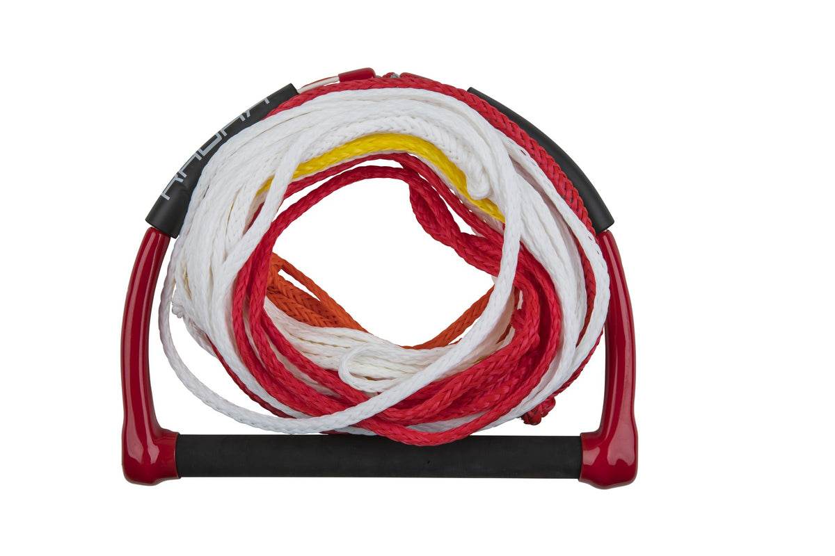 Radar Sure Grip 13-inch floating waterski handle with 5-section rope in red and white