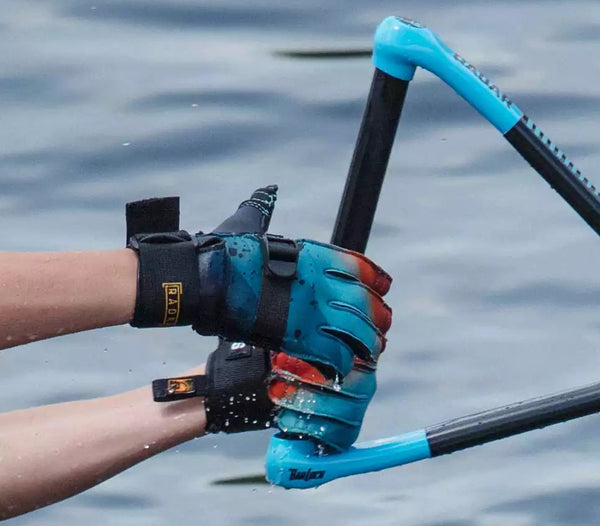 Young waterskier wearing Radar TRA kids waterski gloves