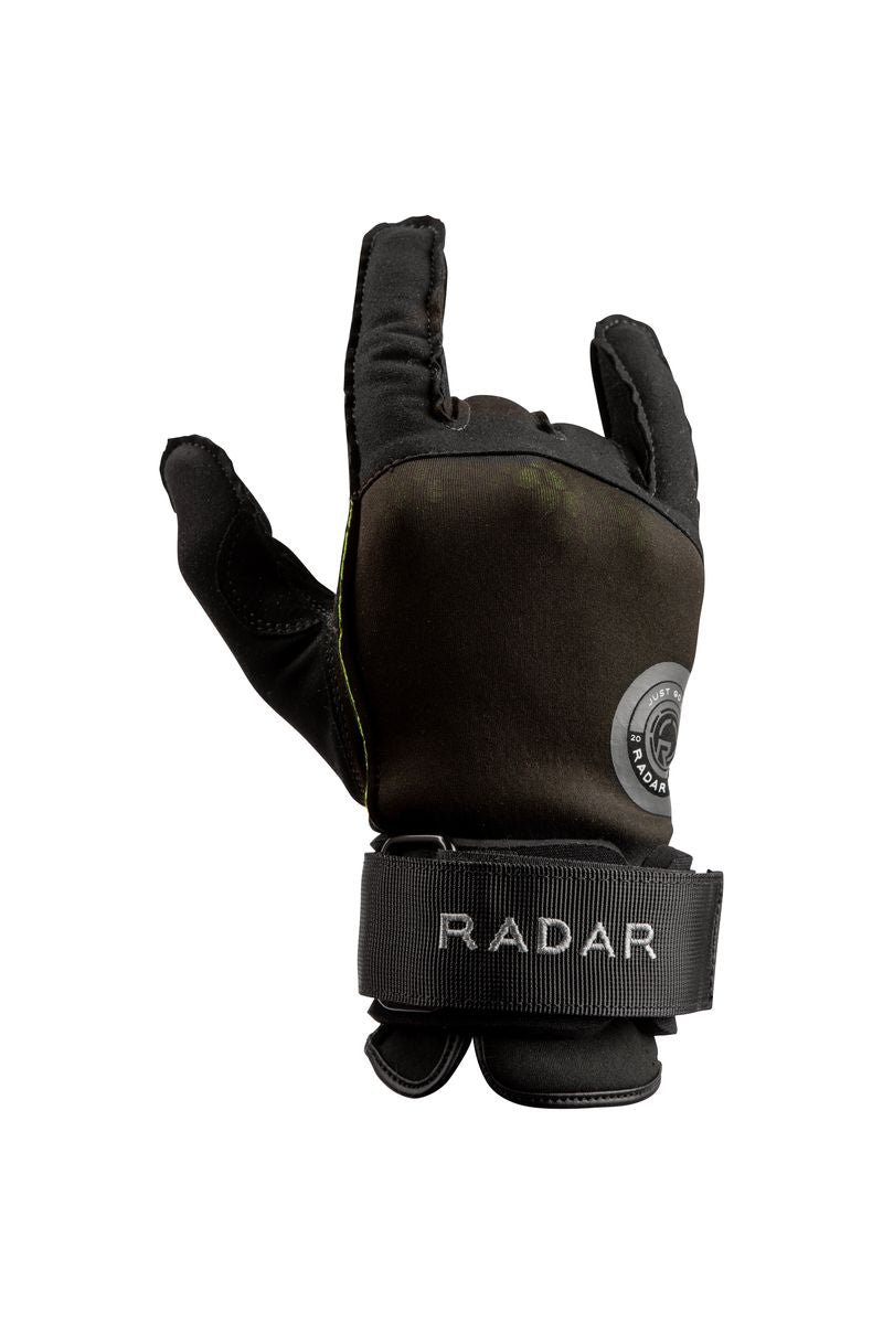 back of the Radar Vice Inside-Out waterski gloves with external grip dowel and Power Strap