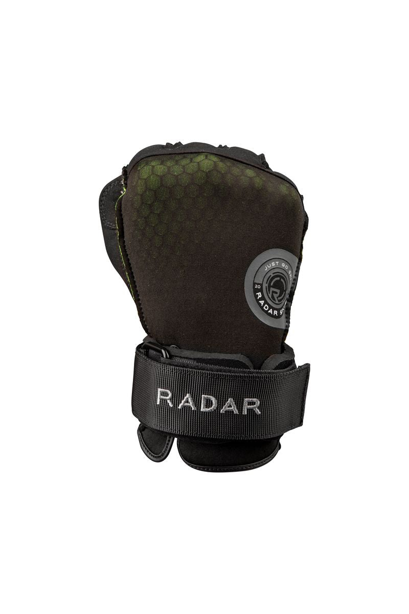 Back of the Radar Vice Inside-Out waterski gloves with external grip dowel and Power Strap