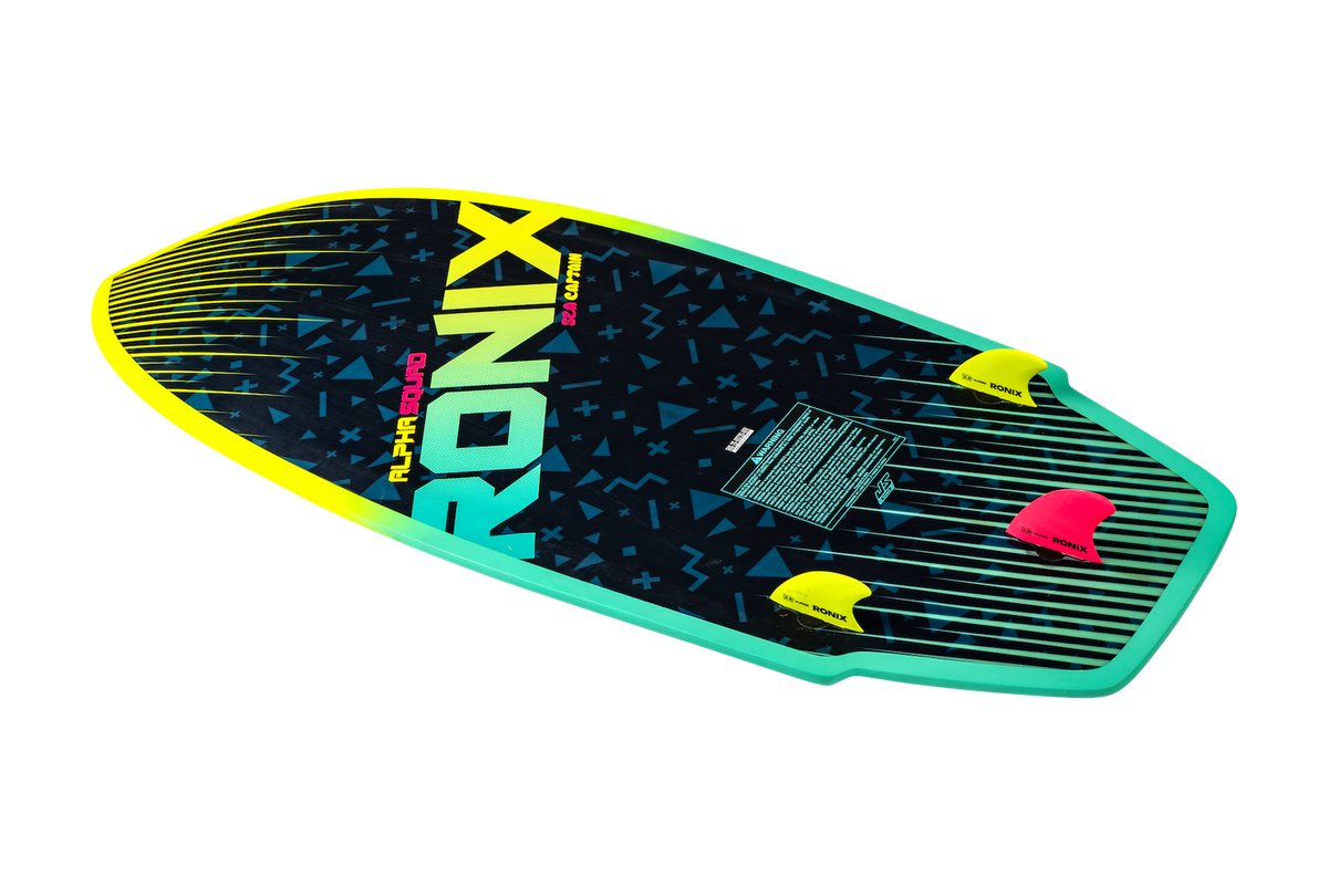 Bottom of Ronix Alpha Squad Sea Captain youth wakesurf board with thruster fin setup