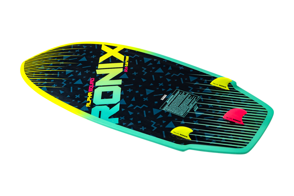 Bottom of Ronix Alpha Squad Sea Captain youth wakesurf board with thruster fin setup