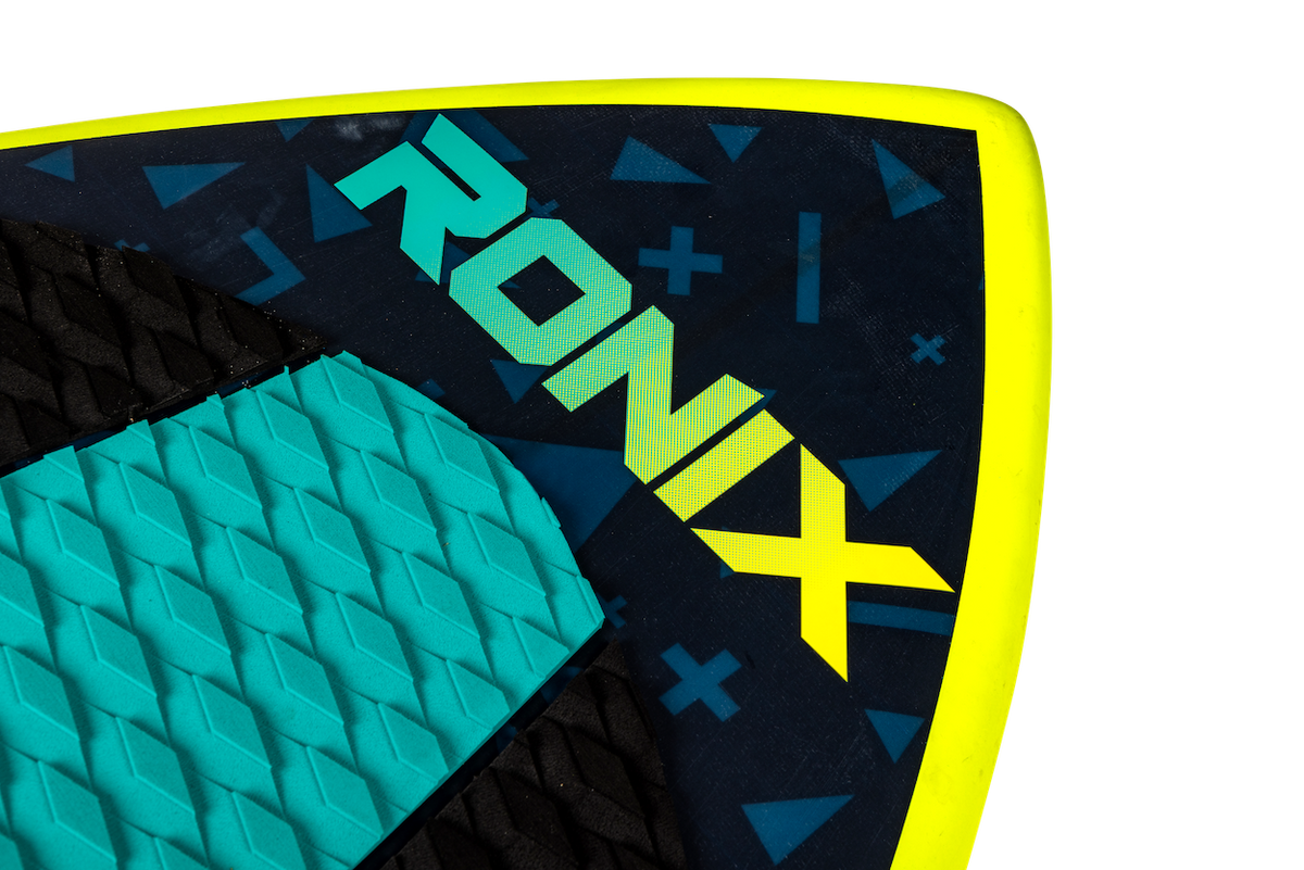 Close-up of a Ronix surfboard with a blue and yellow design on a white background