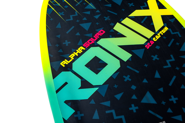 Close-up of a Ronix surfboard with geometric pattern and brand name.