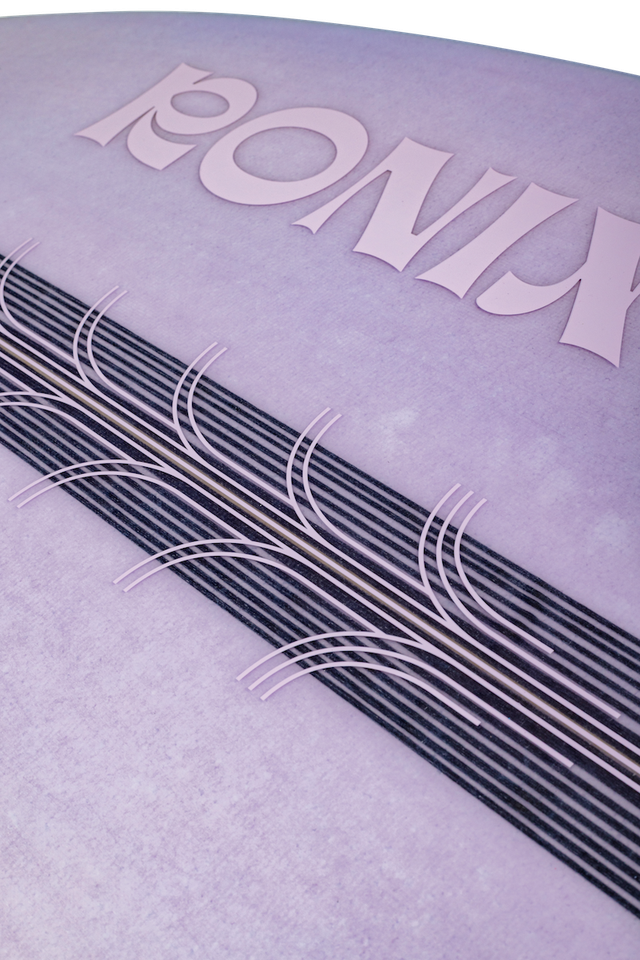 Close-up of a purple towel with 'RONIX' branding and wavy lines.