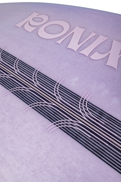 Close-up of a purple towel with 'RONIX' branding and wavy lines.