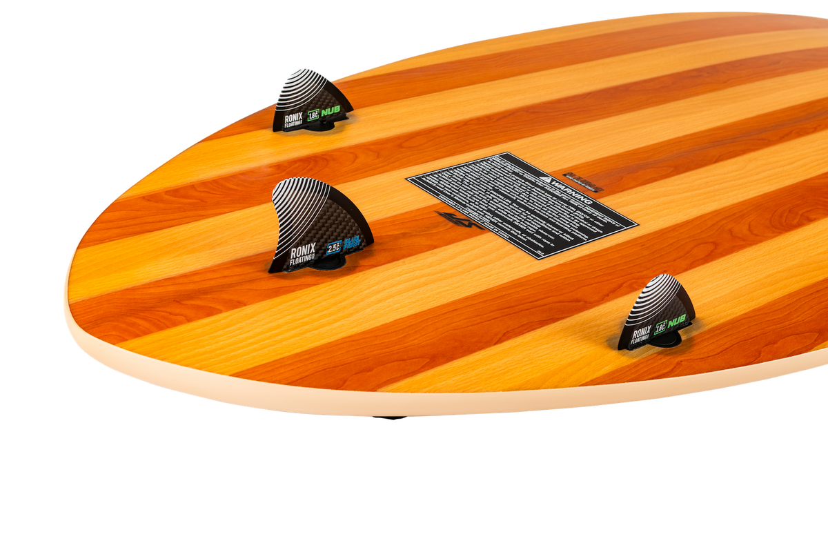 Bottom of Ronix Blunt Nose Skimmer wakesurf board with three-fin setup