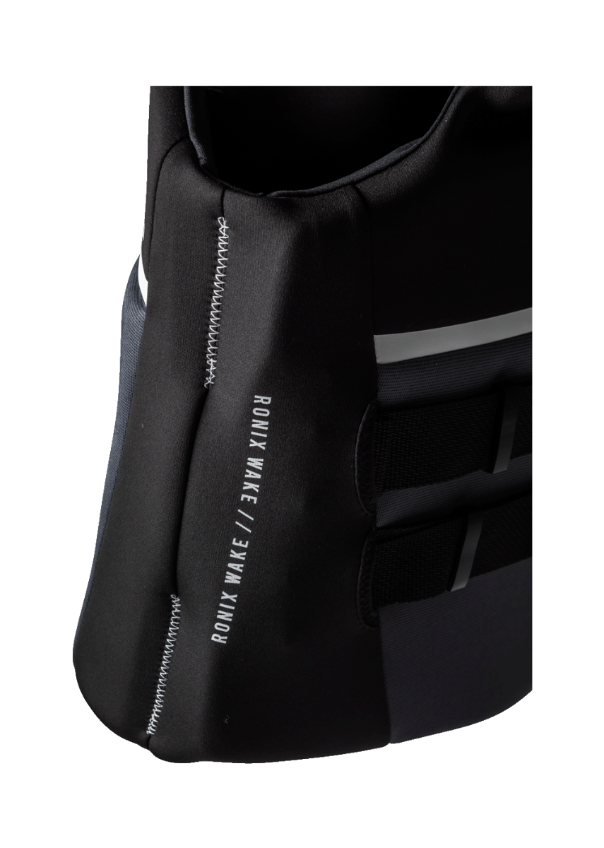 Traditional flat-panel construction on Ronix Covert CGA life vest with double stitching