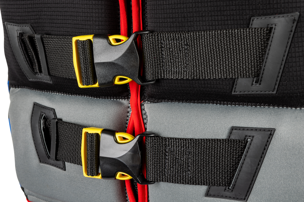 Front view of Ronix Drivers ED Boys' CGA life jacket with buckles and zippers