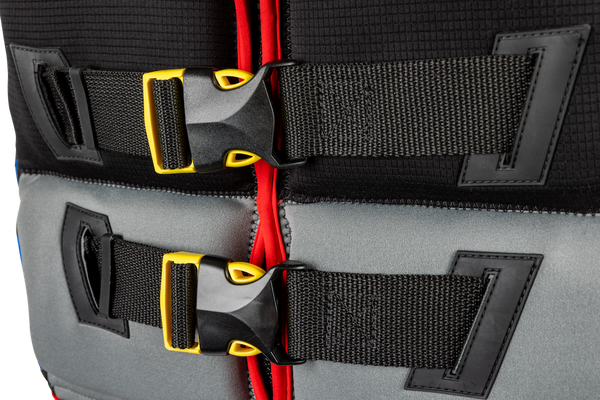 Front view of Ronix Drivers ED Boys' CGA life jacket with buckles and zippers