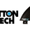 A carbon fiber surfboard fin shown on a white background next to the Button Tech logo. The fin is black with a carbon fiber weave pattern and white wave stripes along the top curve.