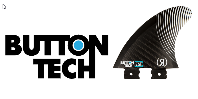 A carbon fiber surfboard fin shown on a white background next to the Button Tech logo. The fin is black with a carbon fiber weave pattern and white wave stripes along the top curve.