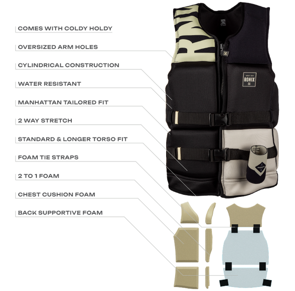 detail Cylindrical construction and tapered flotation foam on Ronix Highlife CGA vest