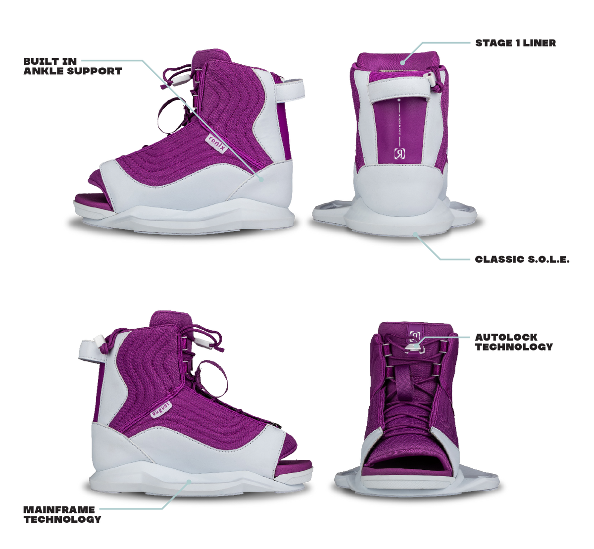 2026 Ronix August girls' youth wakeboard boots size 2–6 features