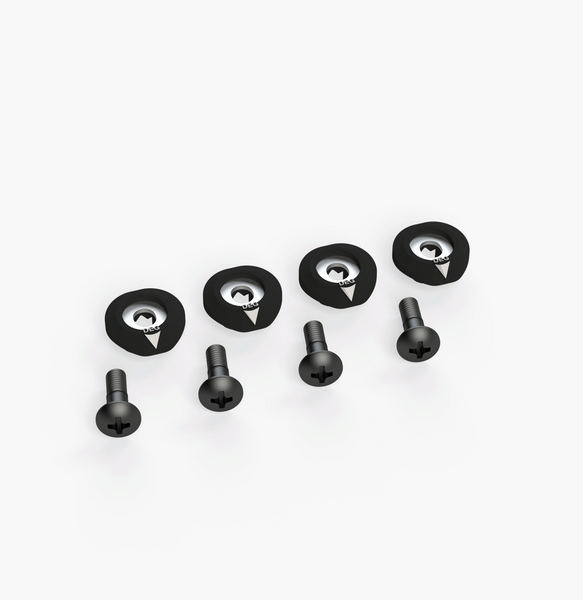Close-up of black Ronix M6 baseless wakeboard binding bolts
