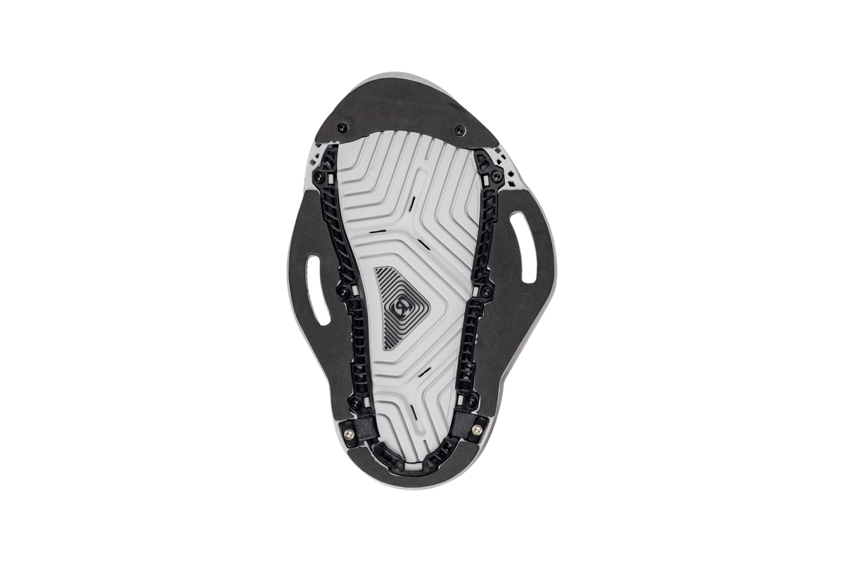 bottom of mounting plate on a 2026 Ronix One Silver Reflective Intuition closed-toe wakeboard boot