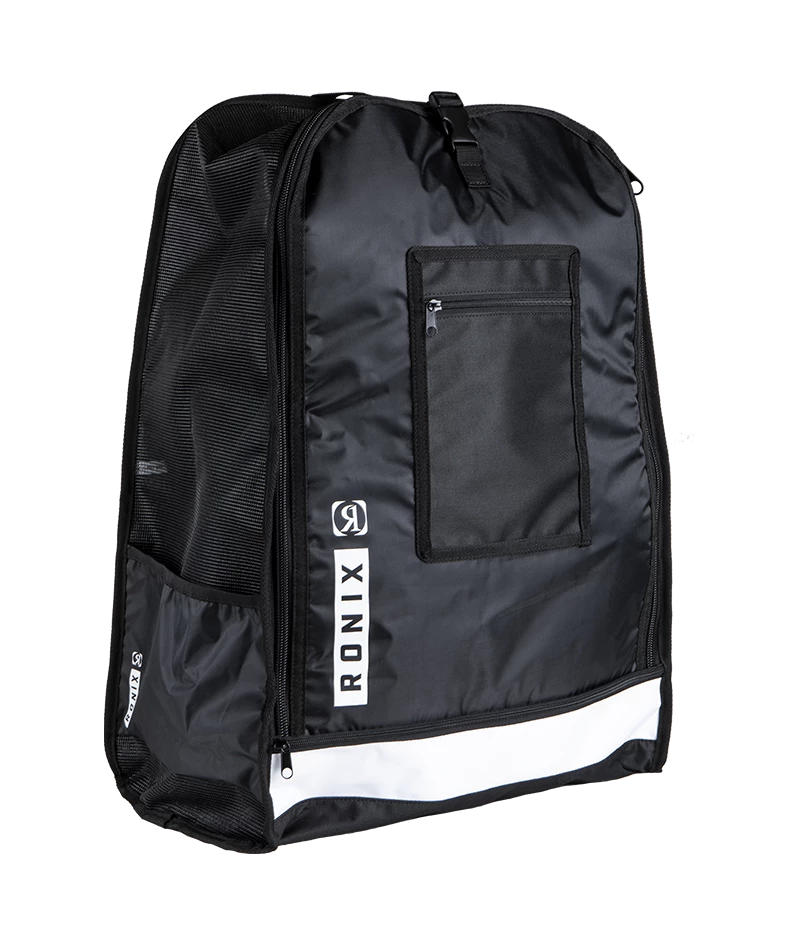 A black Ronix sports bag with a front zippered pocket, mesh side panels, and a white brand logo printed vertically on the front, set against a plain white background.