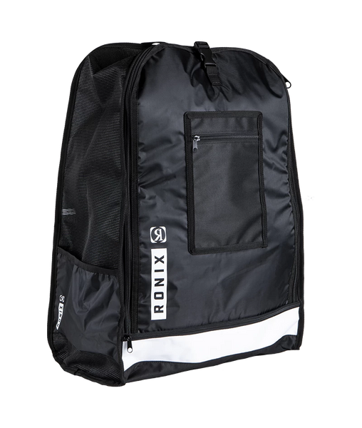A black Ronix sports bag with a front zippered pocket, mesh side panels, and a white brand logo printed vertically on the front, set against a plain white background.