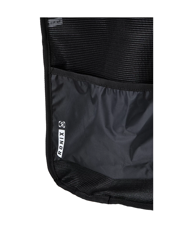 Close-up of a black Ponix bag showing a mesh upper section, a front pocket, and the vertical Ponix logo on a white background.