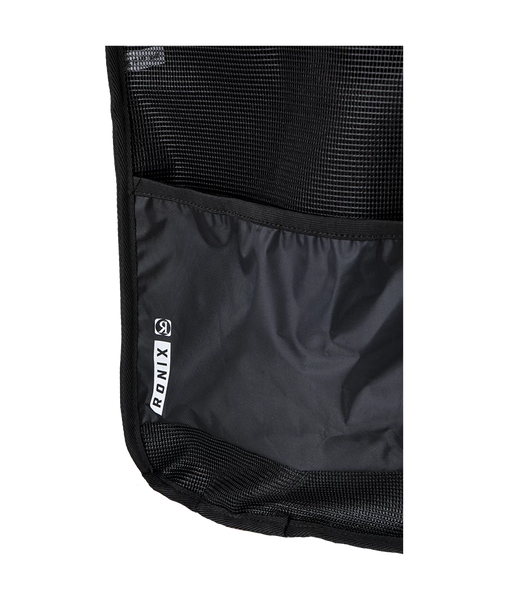 Close-up of a black Ponix bag showing a mesh upper section, a front pocket, and the vertical Ponix logo on a white background.