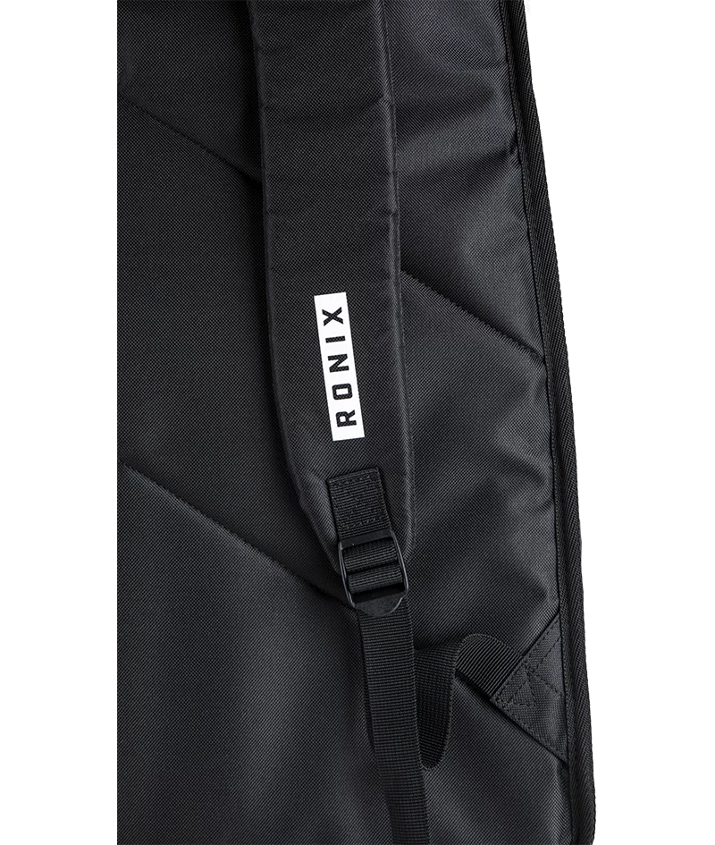 Close-up of a black backpack strap with a white vertical label reading RONIX.