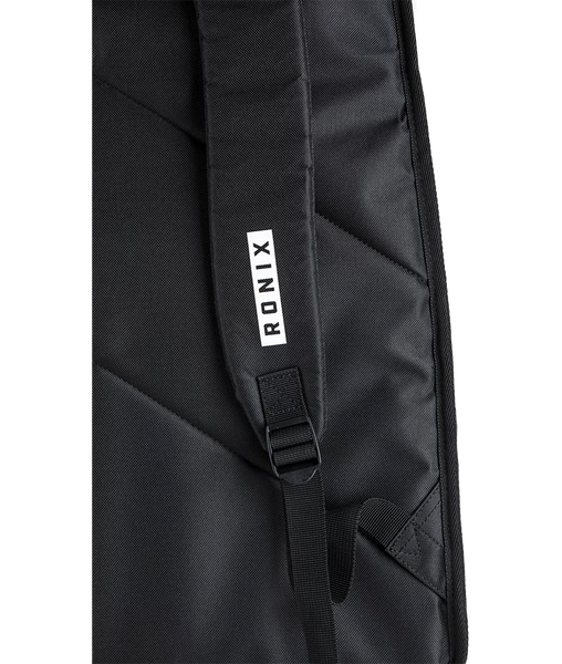 Close-up of a black backpack strap with a white vertical label reading RONIX.