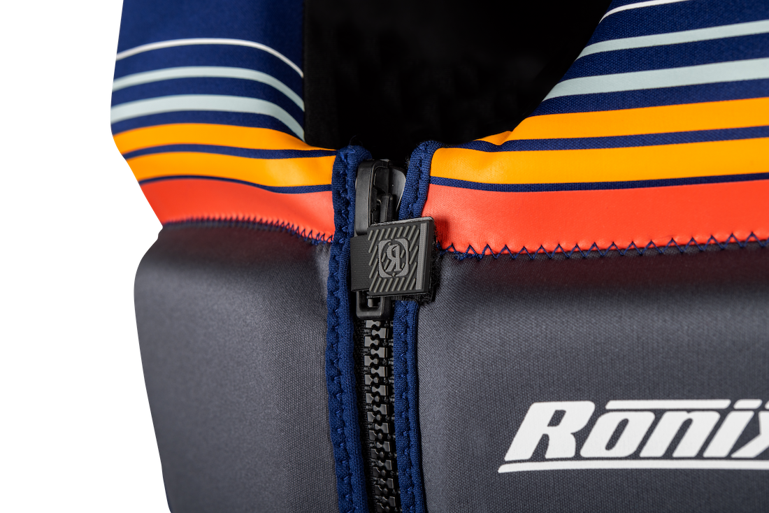 close up of the Ronix Realm CGA watersports life vest zipper