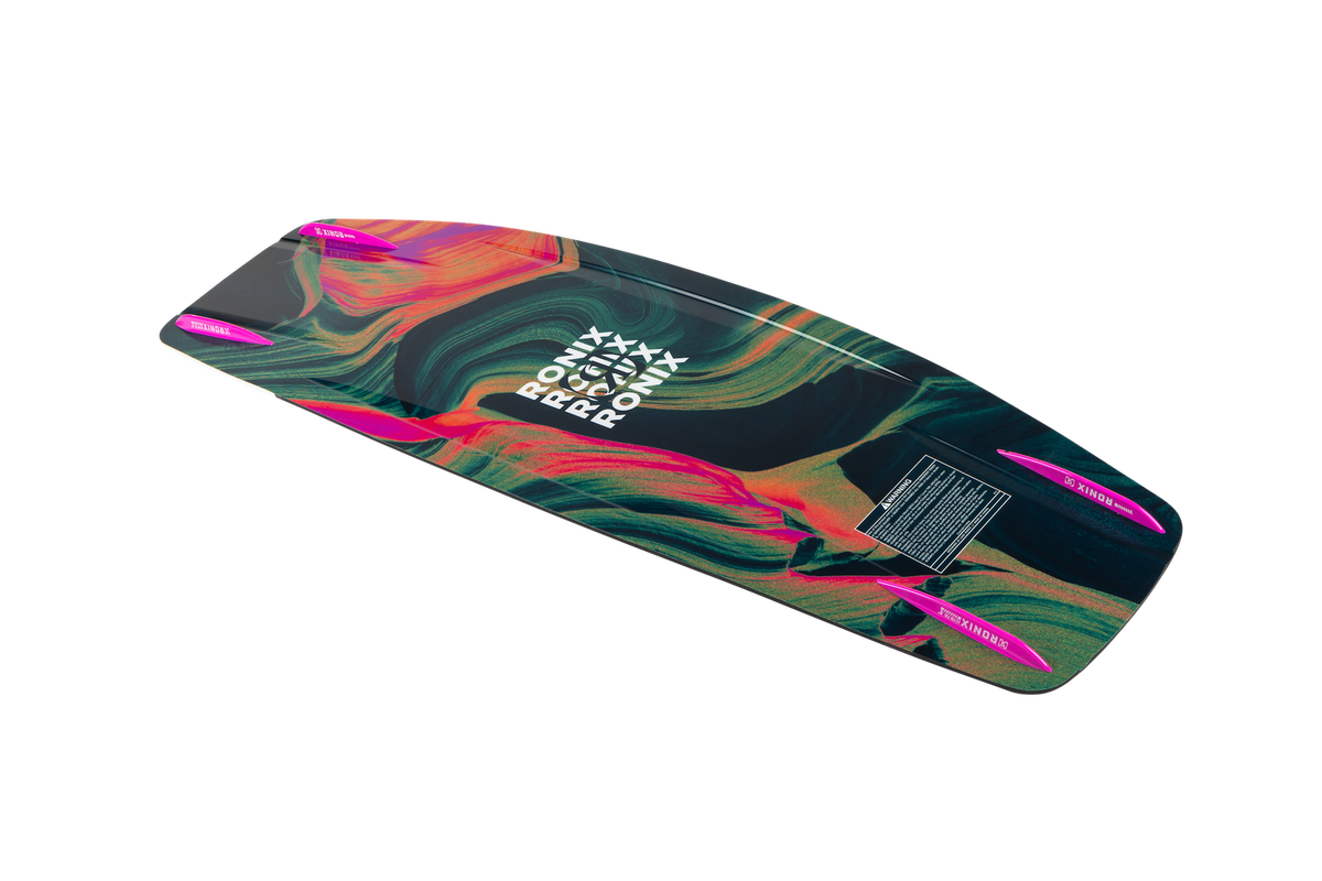 Bottom view of Ronix Rise women's wakeboard showing refined channels