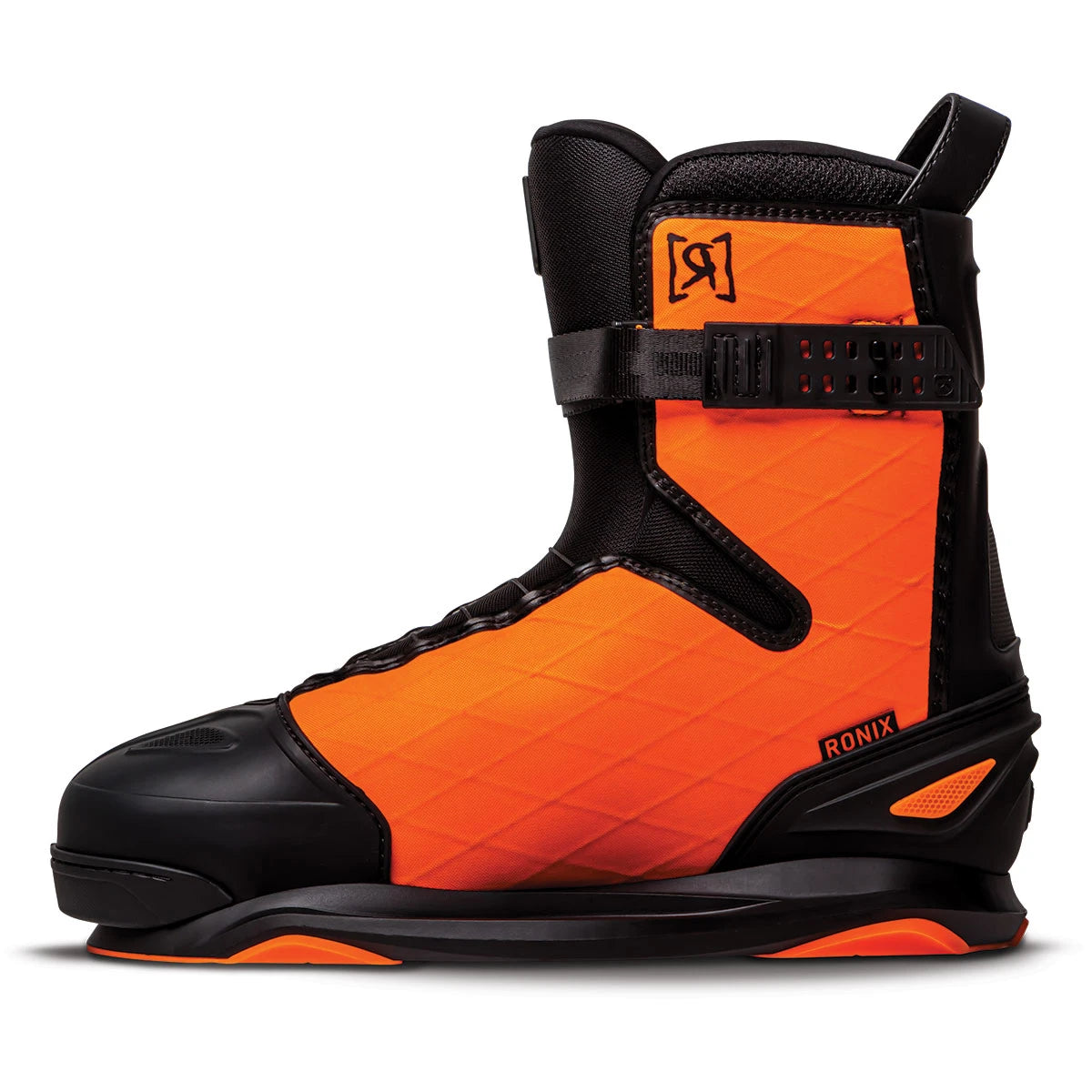 Side view of 2023 Ronix RXT BOA wakeboard boot with orange X-Pac sailcloth