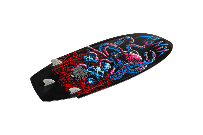 Bottom of Ronix Tuff Tech Sea Captain wakesurf board with three-fin thruster setup