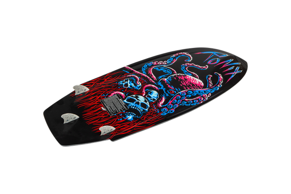 Bottom of Ronix Tuff Tech Sea Captain wakesurf board with three-fin thruster setup