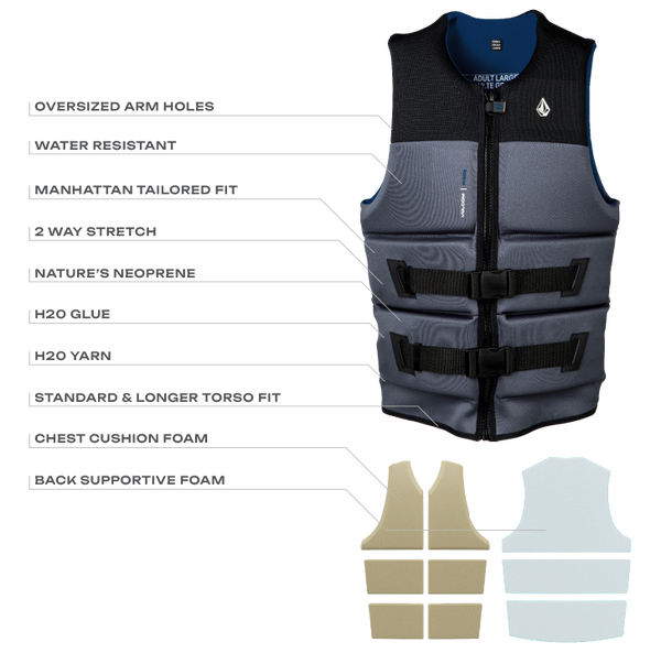Volcom Stone logo detail on Ronix Volcom YES CGA wake vest with details