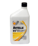A quart-sized container of Shell Rotella T1 40w engine oil.