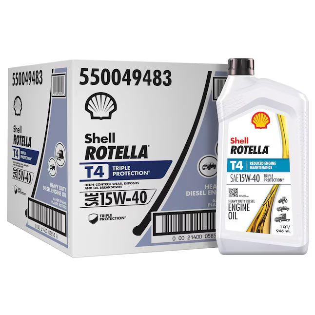 A white and gray Shell Rotella T4 Triple Protection 15W-40 diesel oil display box with a single white bottle of the same product standing in front, on a clean white background.