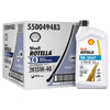 A white and gray Shell Rotella T4 Triple Protection 15W-40 diesel oil display box with a single white bottle of the same product standing in front, on a clean white background.