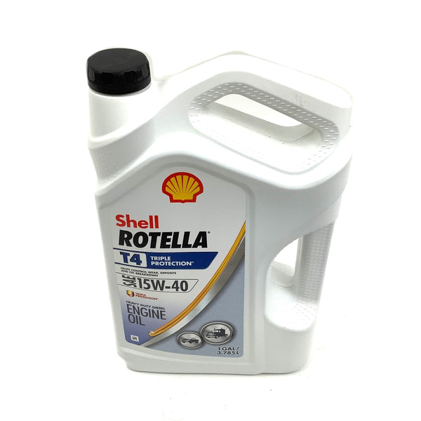 A white plastic bottle of Shell Rotella T4 Engine Oil with a black cap, shown on a plain white background.