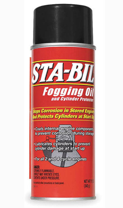 A 12 oz can of Sta-Bil Fogging Oil with red and white label, primarily for corrosion protection in stored engines.